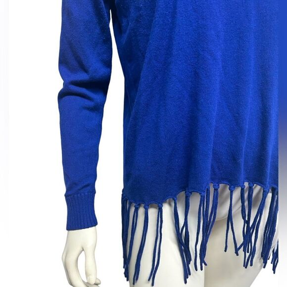Michael Kors Royal Blue High Low Cowl Neck Long Sleeve Top Fringe Hem Fall - Picture 3 of 6